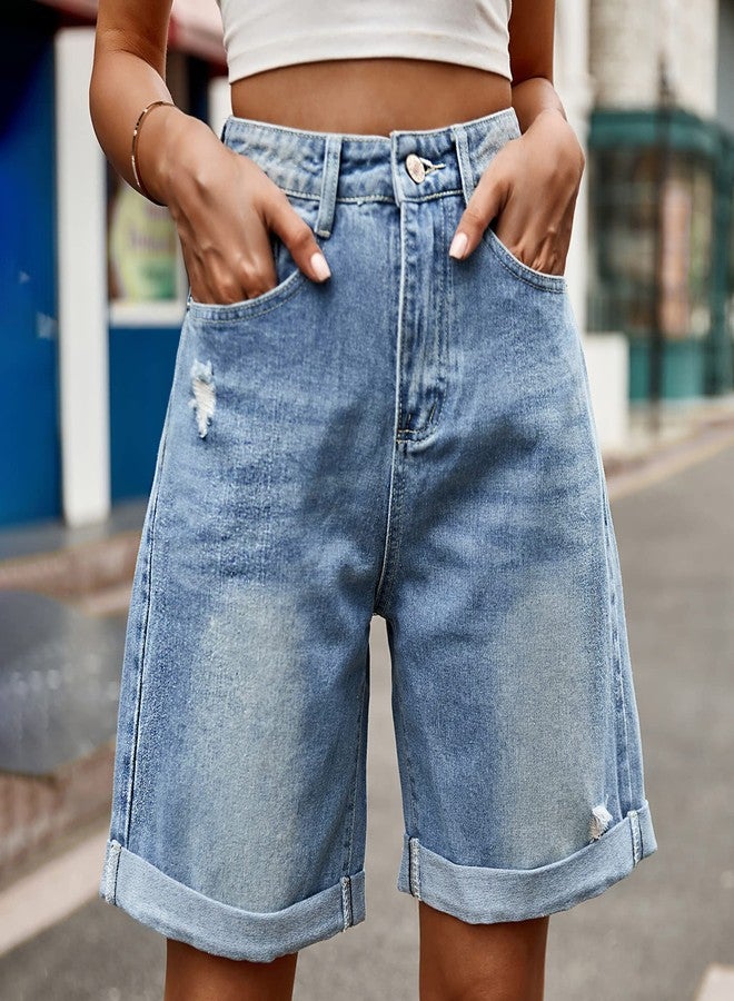 Sumleno Women's Jorts Y2k Baggy Jean Shorts Casual High Waist Straight Leg Long Denim Shorts Y2k Aesthetic Streetwear (Medium Wash,S) - Image 2